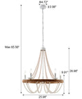 Wood Beaded Chandelier 5 Light Boho Candle Pendant Light For Living Room Dining Room Kitchen Foyer E12 Dimmable Socket French Country Farmhouse Bohemia Distressed White 26 Inch Diameter with dimenions.