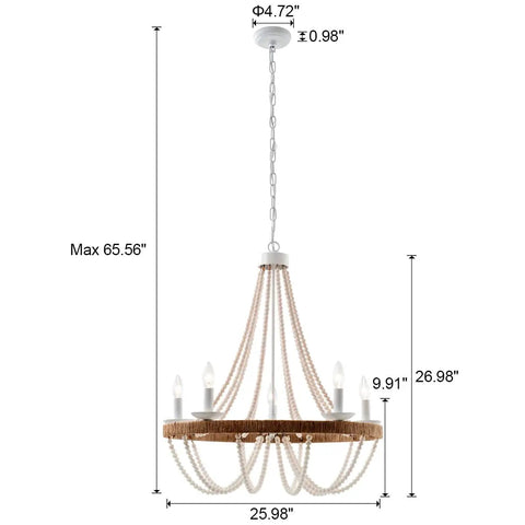 Wood Beaded Chandelier 5 Light Boho Candle Pendant Light For Living Room Dining Room Kitchen Foyer E12 Dimmable Socket French Country Farmhouse Bohemia Distressed White 26 Inch Diameter with dimenions.