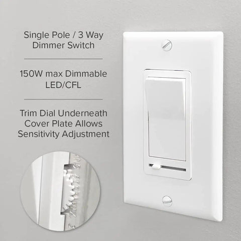 White LED Slide Dimmer Rocker Switch For 3-Way And Single Pole, No Fuss Dimming, Easy Install, Up To 600W Incandescent And 150W LED CFL