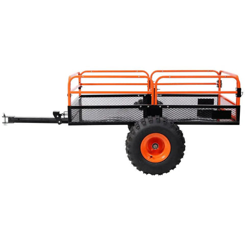 Side view of Heavy Duty Dump Cart 1500 Lb Capacity Tow Behind Trailer for ATV UTV Tractor with orange steel bed and large wheels.