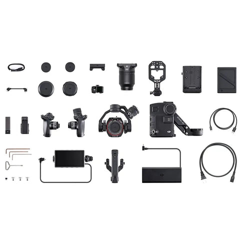 Ronin 4 Axis Cinema Camera 8K Combo Kit With DL PZ 17 To 28mm T3 ASPH Lens, accessories laid out on display