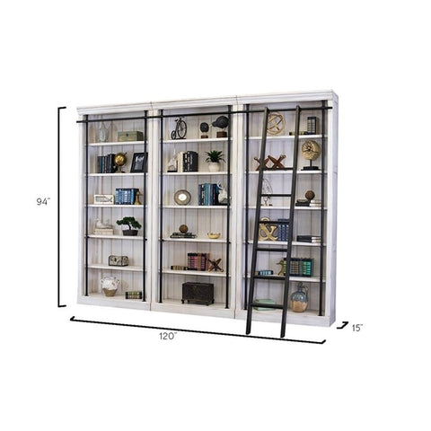Heavy Duty 8 Ft Tall Wood Bookcase With Distressed White Oak Finish And Slick Industrial Steel Frame showing five adjustable shelves.