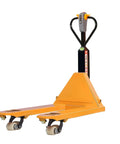 Heavy Duty Electric Pallet Truck With 4400 Lb Capacity For Tough Warehouse Work, yellow steel construction with wheels.