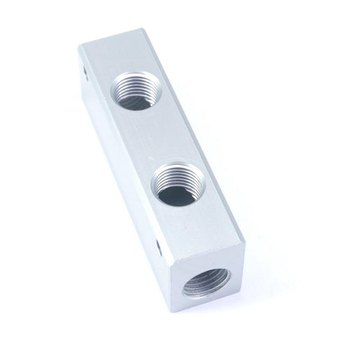 G One Quarter BSP Port 2 Way 4 Port Pneumatic Aluminum Manifold Block Splitter For Air Water Gas Oil Systems, solid block top view