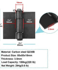 Heavy Duty Weldable Gate Butt Hinges Set, Four Pack 3-3/8 In By 3-3/8 In Weld On Door Hinges with dimensions and specs shown