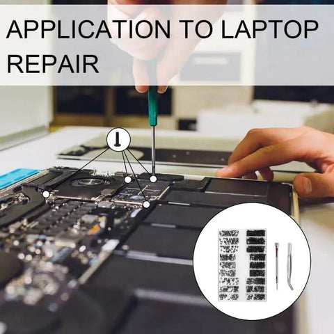 Using 500 Pcs Micro Glass Screws Repair Kit With Tweezers And Screwdriver M1.2 M1.4 M2 for laptop repair, hand with screwdriver.