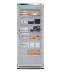 Legit 21 Cubic Feet Glass Door Freezer With Digital Temp Control And Adjustable Shelves Heavy Duty Steel Exterior For Commercial Display Or Retail Stock filled with packaged goods on white shelves.