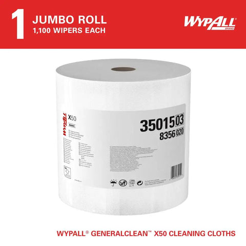 Front view of GeneralClean X50 Cleaning Cloths Jumbo Roll 1100 Sheets White Heavy Duty Wipes For Quick Cleanups Tough Long Lasting Towels For Extended Use Everyday Cleaning Solution You Can Trust.
