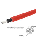 Close-up of red Beefy 10AWG Solar Extension Cable 1 Ft With IP67 PV Connector One End And Bare Wire Other, showing tinned copper detail.