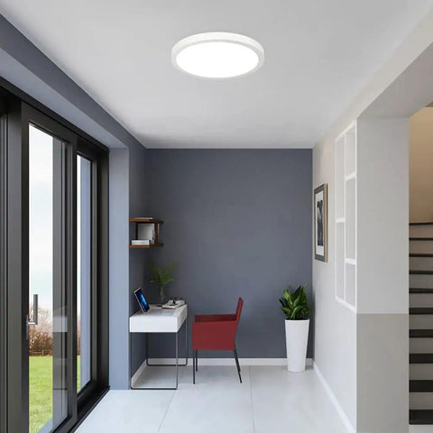 Dimmable 48W LED Ceiling Light With Remote Control, 20 Inch Round Flush Mount, Color Temperature From 3000K To 6000K, in modern office setting.
