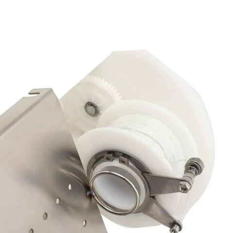 Kickass Stainless Steel Sausage Tying Machine For Home Grill Crews No Sweat Hand Crank Knotter close-up of stainless steel and plastic components.