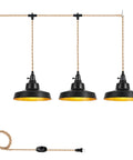 AMRUIPO 22FT Plug in Pendant Light Farmhouse Hanging Lamp Fixtures with three black dome shades and adjustable cord.