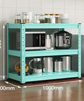 Adjustable Three Tier Metal Storage Shelves Free Standing Garage And Kitchen Shelving Unit Heavy Duty Carbon Steel Organizer Rack For Home Office Real Deal Setup With Badass Stability in a kitchen, displaying appliances and jars.