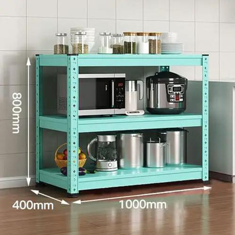 Adjustable Three Tier Metal Storage Shelves Free Standing Garage And Kitchen Shelving Unit Heavy Duty Carbon Steel Organizer Rack For Home Office Real Deal Setup With Badass Stability in a kitchen, displaying appliances and jars.