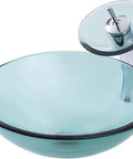 UMJIGF Tempered Glass Vessel Sink with Faucet and Drain Combo for Modern Bathroom Countertops, turquoise glass bowl with waterfall faucet.