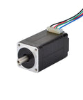 Angled side view of NEMA 8 bipolar micro stepper motor with black body, silver faceplate and six-wire connector.