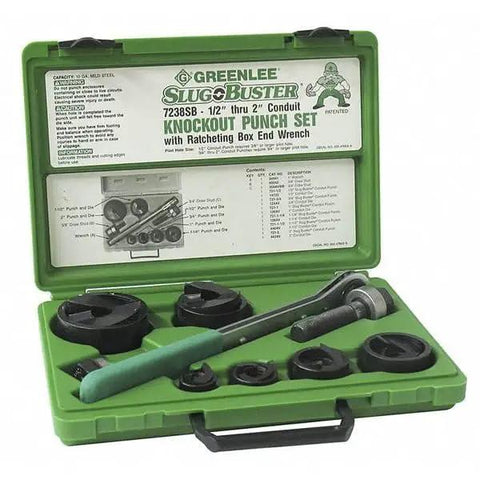 Slug Buster Knockout Punch Kit With Hex Ratchet Wrench For 1/2 Inch To 2 Inch Conduit Punches, case open showing tools