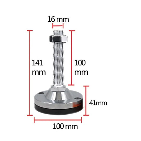 Heavy Duty Adjustable Leveling Feet With Shock Absorbing Rubber Base And Steel Core M16 Threaded Glides, 141mm height, chrome finish.