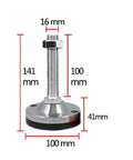 Heavy Duty Adjustable Leveling Feet With Thick Shock Absorbing Rubber Base And Sturdy Steel Screw Mounts, dimensions shown.