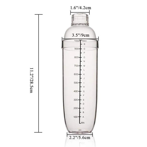 Clear Plastic Cocktail Shaker With Measurement Scale 33 Oz Handheld Drink Mixer Durable Dishwasher Safe Removable Lid