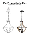 Diagram and photo of Five Light Geometric Rustic Farmhouse Pendant Light with wood grain finish and adjustable chain