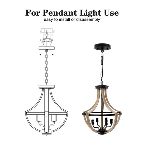 Diagram and photo of Five Light Geometric Rustic Farmhouse Pendant Light with wood grain finish and adjustable chain