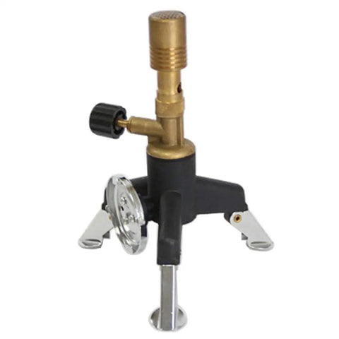 Portable Lab Gas Torch with Tripod Multifunction Lab Style Burner for Disinfection and Precision Flame On The Go Oxygen and Gas Adjustments No Gas Pipe Field Ready Butane Canister, handheld with adjustable flame, black and brass finish, stable tripod base.
