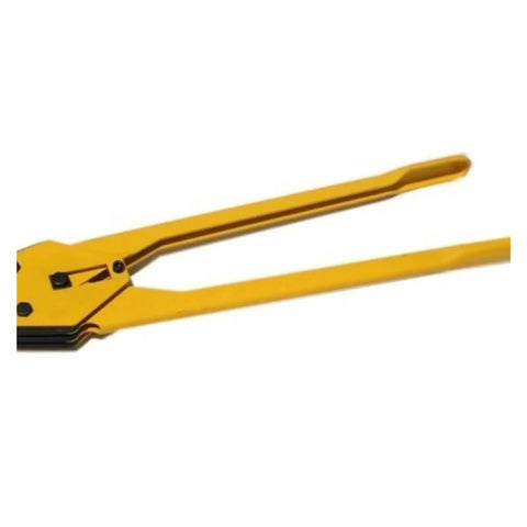 Heavy Duty Manual Pet Strapping Machine Kit With Tensioner And Sealer For 16Mm Bands, yellow strap sealing tool close-up view.