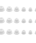 24 Pack Silicone Bathtub Jet Hole Plugs Covers In 6 Sizes White Keeps Debris And Hair Out Of Your Jetted Tub Fits Most Tubs And Spas Easy Clean And Prevents Clogs, showing all plugs neatly displayed