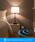 Smart Motion Activated Switch And Wireless Wall Plug Set with lamp in bedroom, occupancy sensor detects motion.