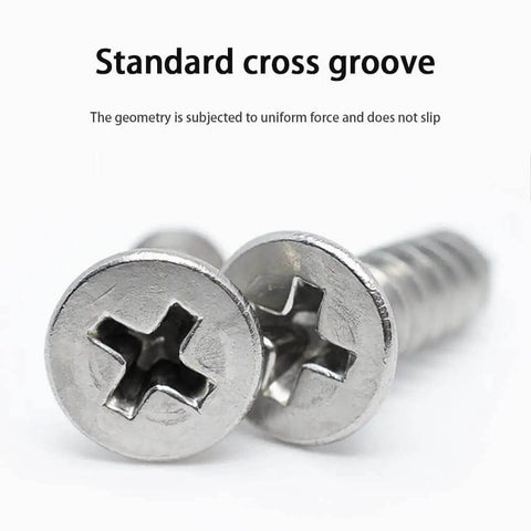 Close-up of Heavy Duty 304 Stainless Steel Wood And Metal Screw Kit with self-tapping Phillips countersunk flat head screws.