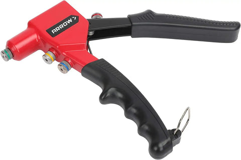 Heavy-Duty One-Handed Pop Rivet Gun for Quick Metal Fabric Leather And Auto Repairs side view with multi-colored grip rings.