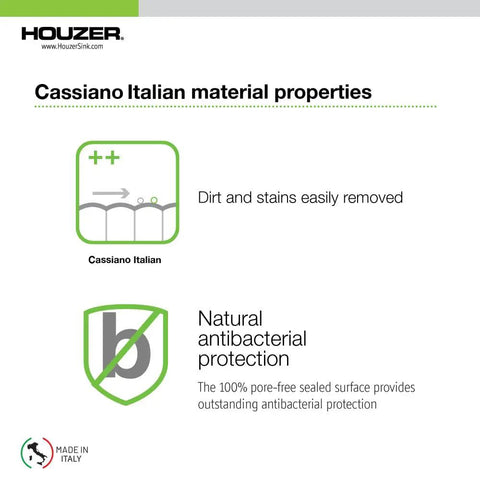 Image showing Cassiano Italian material properties highlighting dirt removal and natural antibacterial protection, Made in Italy label.