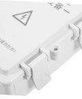 Hohopeti Heavy Duty Waterproof Electrical Junction Box for Outdoor Wiring Keeps Everything Dry And Safe For Your Camera Setup Or Garage With Easy Install Sturdy Plastic Build close-up showing secure latch and warning symbol.