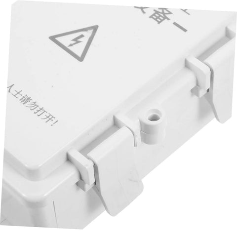 Hohopeti Heavy Duty Waterproof Electrical Junction Box for Outdoor Wiring Keeps Everything Dry And Safe For Your Camera Setup Or Garage With Easy Install Sturdy Plastic Build close-up showing secure latch and warning symbol.