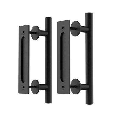 Two Pack 12 Inch Sliding Barn Door Handles Matte Black Hardware With Flush Finger Pull, Double Sided Design, Solid Steel Round Pulls