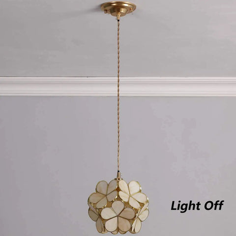 Petals Tiffany Style Stained Glass Ceiling Pendant Light with 8 Inch Cream White Lampshade, cherry blossom finish, light off view