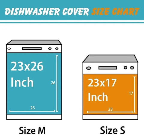 Dishwasher cover size chart with 23x26 inch and 23x17 inch dimensions for Peeling Paint Magnetic Dishwasher Panel Cover Vinyl Decal.