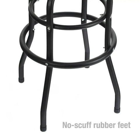 Close-up of Heavy-Duty Steel Garage Shop Stool with four sturdy legs, 360 degree foot rings, black powder coated frame and footrest.