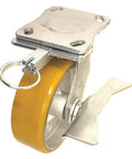 Heavy Duty Kingpinless Plate Caster Featuring Swivel Movement And Four Position Lock With Six Inch Non Marking Polyurethane Wheel.