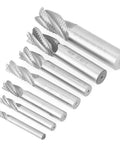 Seven-piece HSS roughing end mill set, four-flute CNC cutters with assorted M6–M20 shank sizes
