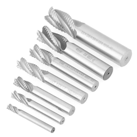 Seven-piece HSS roughing end mill set, four-flute CNC cutters with assorted M6–M20 shank sizes