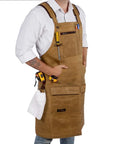 Kickass Heavy Duty Waxed Canvas Woodworking Apron For Men Featuring Boss Level Pocket Layout and tool storage in use.