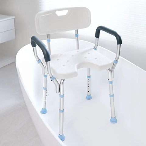 Heavy Duty Shower Chair With Back And Arms, 300 Lb Capacity, Non Slip Aluminum Frame, HDPE Seat, Rust Free Handles, Tool Free Assembly