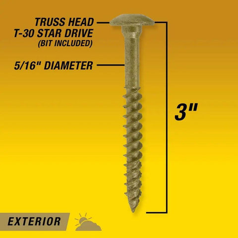 Real Deal Construction Lag Screws 5/16 X 3 Inch Bronze Finish Wood Fasteners Truss head with T-30 star drive.