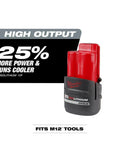 M12 RedLithium High Output 2.5Ah Battery With RedLink Intelligence Delivers Beefy XC Power In A Compact Size image, shown vertically.