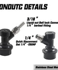 Ball Lock Keg Quick Connect Fittings With Swivel Nuts For 3/16 Inch Liquid Hose And 5/16 Inch Gas Hose, MFL Ball Lock Disconnects Set, Food Grade Material, Easy To Install And Clean, Perfect For Homebrew Corny Kegs, 3/16 in and 1/4 in stainless steel connectors