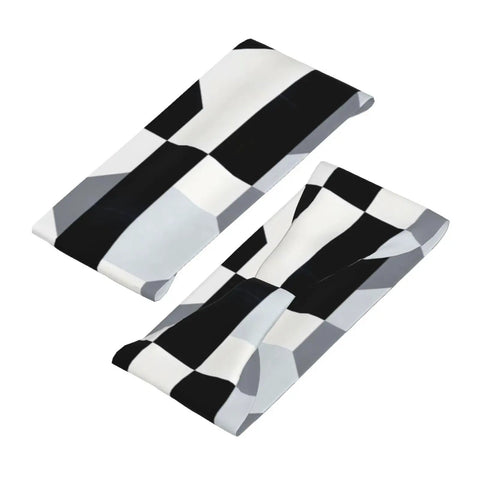 Fresh Black And White Piano Grid Print Sweatband Headband With Dope Stretchy Polyester Fabric For All Day Workout Comfort And Gym Vibes Plus Reliable Grip That Keeps Hair Back During Intense Training Sessions, showing side views.