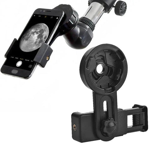 Universal Smartphone Camera Adapter For Spotting Scopes And Telescopes With Quick Alignment Lets You Snap Clear Shots On Any Binocular Or Monocular Cell Phone Mount For Easy Grab And Go Optics Setup showing mounted phone capturing moon image.