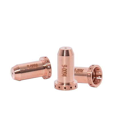 Three copper nozzle tips 9-0094 from the 10 Electrodes 9-0096 and 10 Nozzle Tips 9-0094 40A for Cutmaster 42/12 SL40 Torch kit.